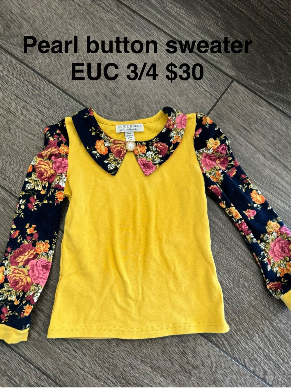 Richie House Girls' Yellow Long-Sleeve Floral Collar Top